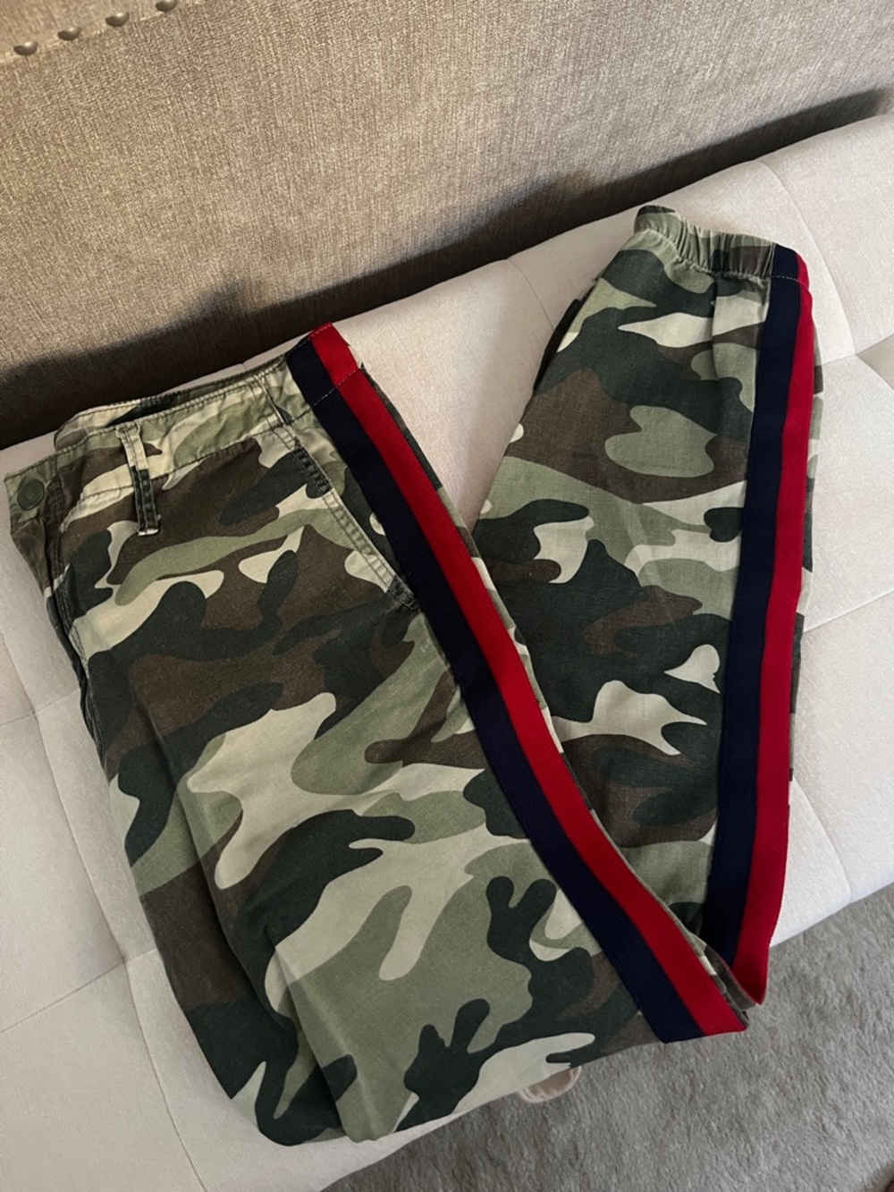 MOTHER womens linen cotton Camo Cargo Pants Red & Navy Side Stripe